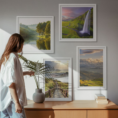 Set of 4 wall art pieces Mountain landscapes waterfall