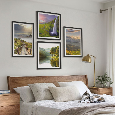 Set of 4 wall art pieces Mountain landscapes waterfall