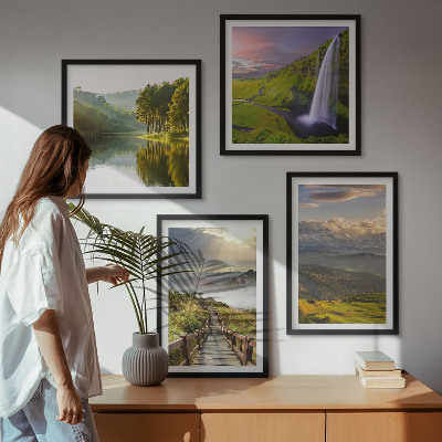 Set of 4 wall art pieces Mountain landscapes waterfall