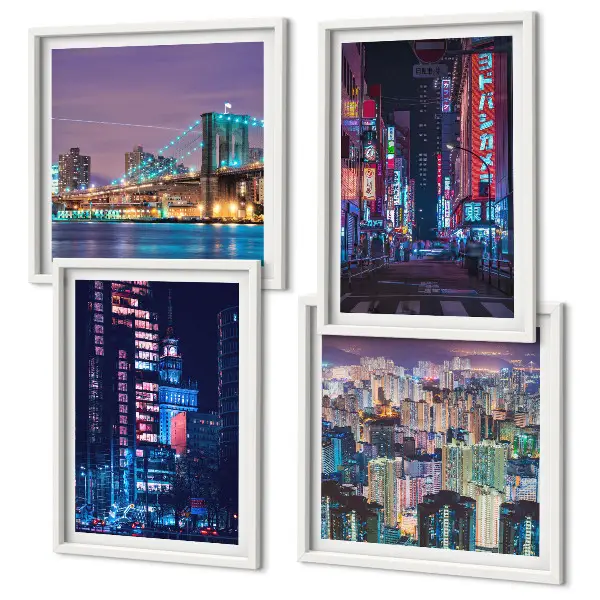 Wall art set Night cities with neon lights