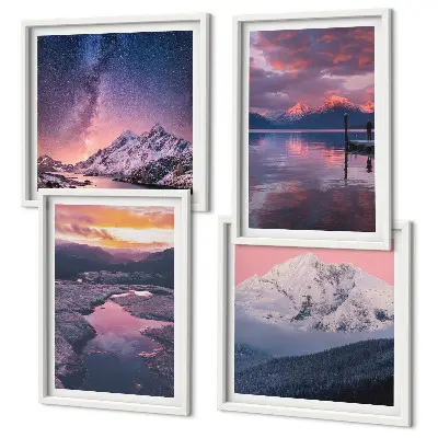 Set of 4 landscape wall art pieces featuring mountains and water scenes