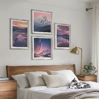 Set of 4 landscape wall art pieces featuring mountains and water scenes