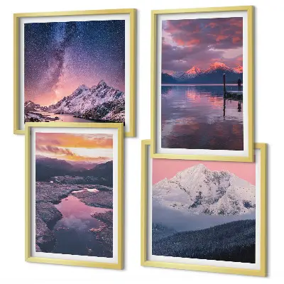 Set of 4 landscape wall art pieces featuring mountains and water scenes