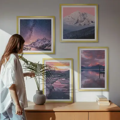Set of 4 landscape wall art pieces featuring mountains and water scenes