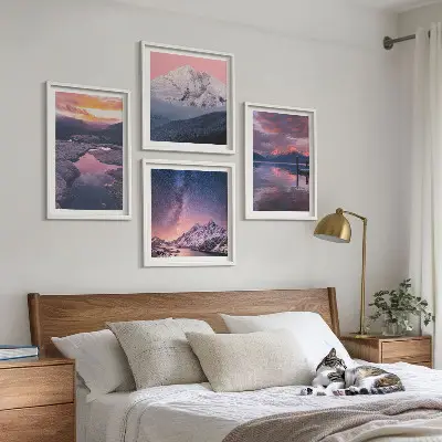 Set of 4 landscape wall art pieces featuring mountains and water scenes