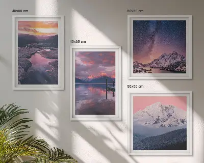 Set of 4 landscape wall art pieces featuring mountains and water scenes