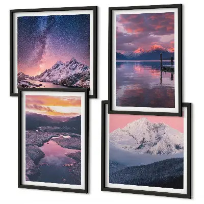 Set of 4 landscape wall art pieces featuring mountains and water scenes