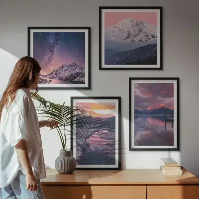 Set of 4 landscape wall art pieces featuring mountains and water scenes
