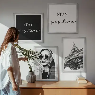 Wall art set featuring portraits of the Eiffel Tower and slogans