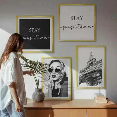 Wall art set featuring portraits of the Eiffel Tower and slogans