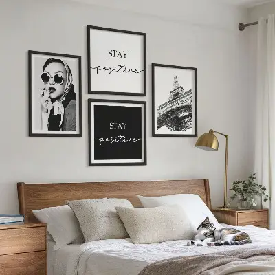 Wall art set featuring portraits of the Eiffel Tower and slogans