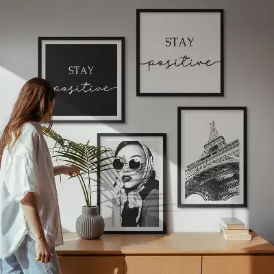 Wall art set featuring portraits of the Eiffel Tower and slogans