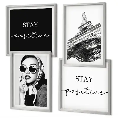 Wall art set featuring portraits of the Eiffel Tower and slogans