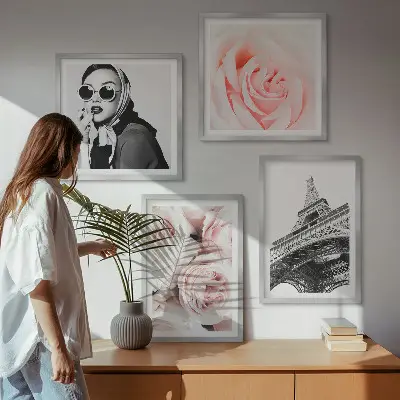 Multi-piece wall decor set featuring a portrait of a woman and roses by Eiffel