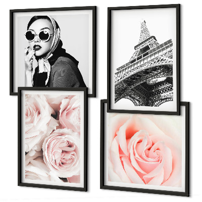 Multi-piece wall decor set Eiffel's portrait of a woman roses