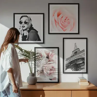 Multi-piece wall decor set featuring a portrait of a woman and roses by Eiffel