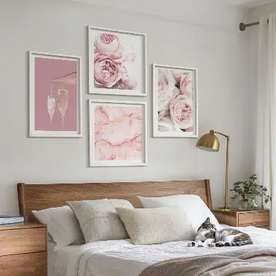 Wall art set featuring champagne marble roses in a pastel palette