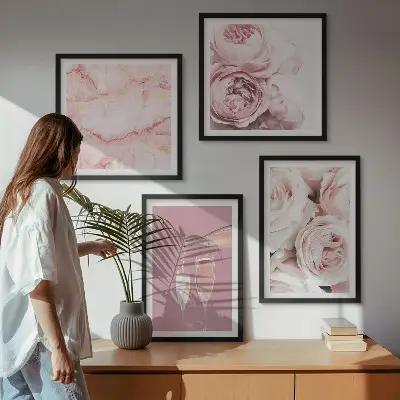 Wall art set featuring champagne marble roses in a pastel palette