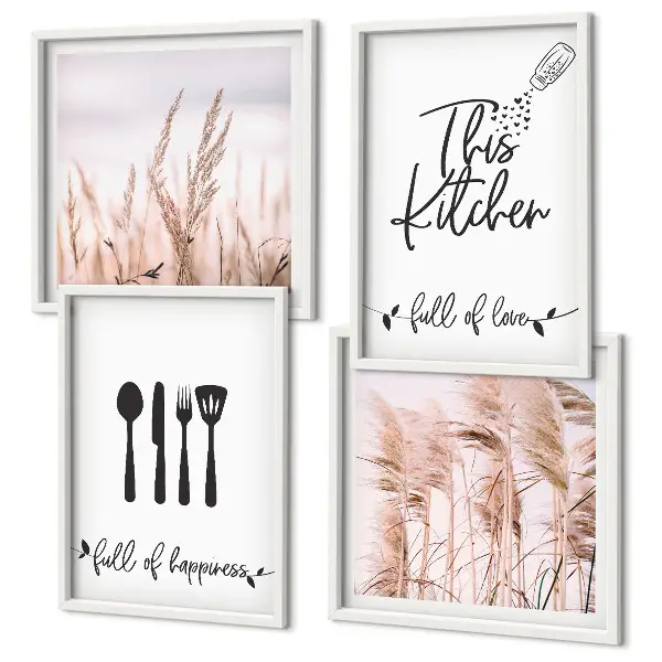 Boho grass kitchen wall art set with lettering design