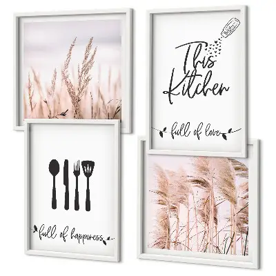 Boho grass kitchen wall art set with lettering design
