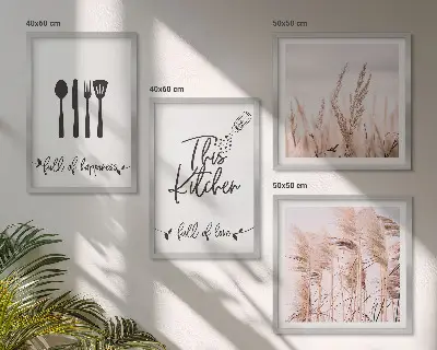 Boho grass kitchen wall art set with lettering design