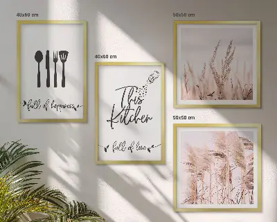 Boho grass kitchen wall art set with lettering design