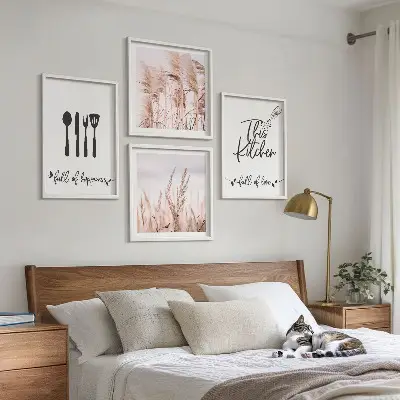 Boho grass kitchen wall art set with lettering design