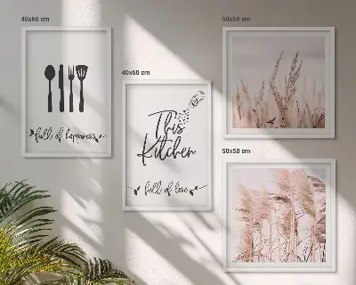 Boho grass kitchen wall art set with lettering design