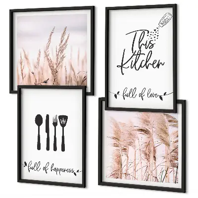 Boho grass kitchen wall art set with lettering design