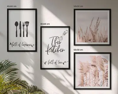 Boho grass kitchen wall art set with lettering design
