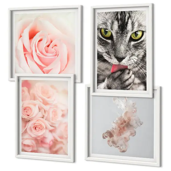 Set of 4 abstract wall art pieces gray cat roses design
