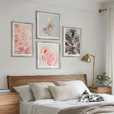 Set of 4 abstract wall art pieces gray cat roses design
