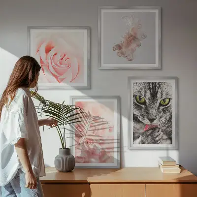 Set of 4 abstract wall art pieces gray cat roses design