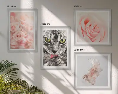 Set of 4 abstract wall art pieces gray cat roses design