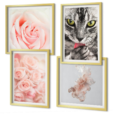 Set of 4 wall art pieces Gray cat roses abstract