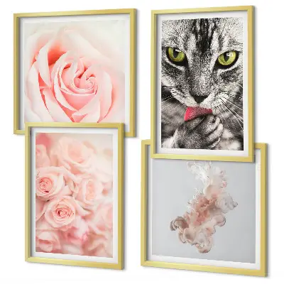 Set of 4 abstract wall art pieces gray cat roses design