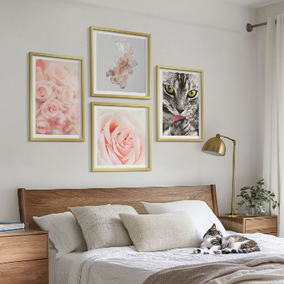 Set of 4 wall art pieces Gray cat roses abstract