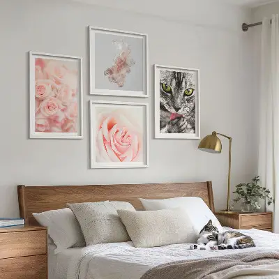 Set of 4 abstract wall art pieces gray cat roses design
