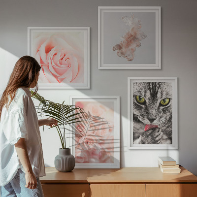 Set of 4 wall art pieces Gray cat roses abstract