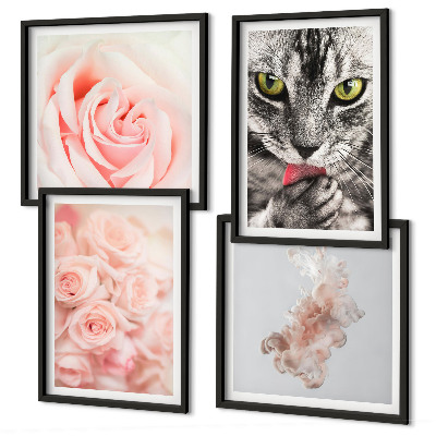 Set of 4 wall art pieces Gray cat roses abstract