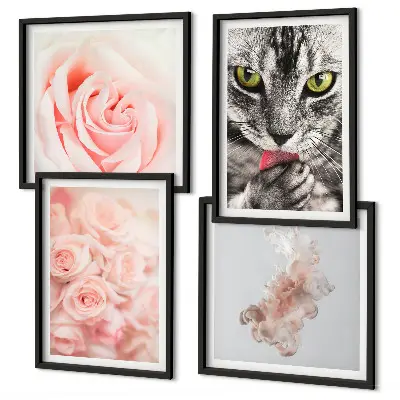 Set of 4 abstract wall art pieces gray cat roses design
