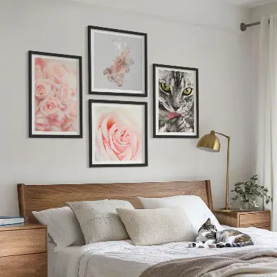 Set of 4 abstract wall art pieces gray cat roses design