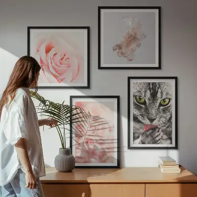 Set of 4 abstract wall art pieces gray cat roses design