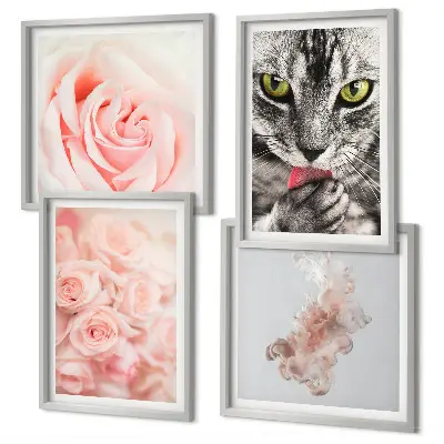 Set of 4 abstract wall art pieces gray cat roses design