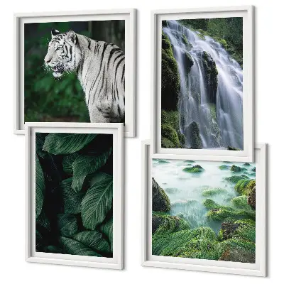 White tiger and waterfall wall art set set of 4 pieces with leaves