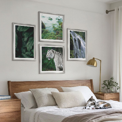 Set of 4 wall art pieces White tiger waterfall leaves