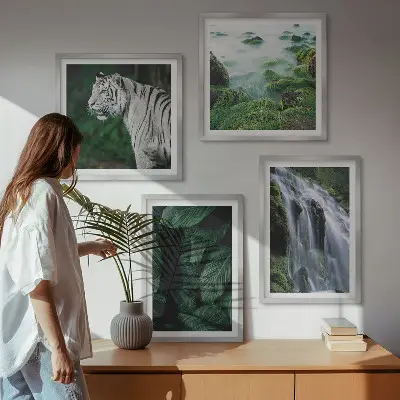 White tiger and waterfall wall art set set of 4 pieces with leaves