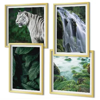 White tiger and waterfall wall art set set of 4 pieces with leaves
