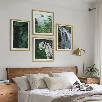 White tiger and waterfall wall art set set of 4 pieces with leaves