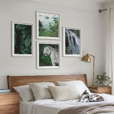 Set of 4 wall art pieces White tiger waterfall leaves